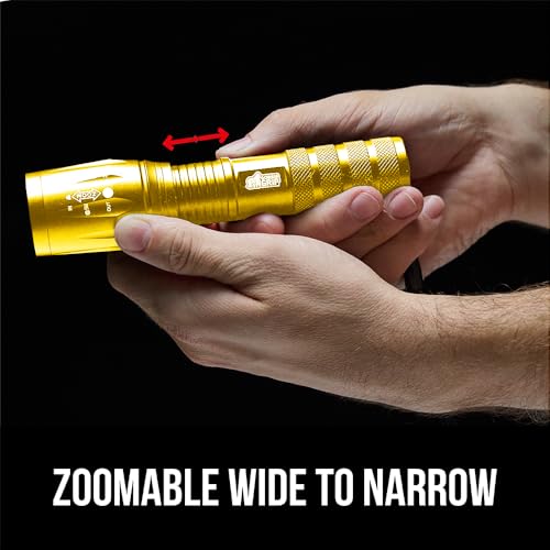 GORILLA GRIP Powerful LED Tactical Flashlight, 750 FT High Lumens 5 Adjustable Modes, Water Resistant, Ultra Bright Zoom Flashlights, Small Mini Flash Light, Camping, Night Dog Walking, Gold - color: Yellow Gold