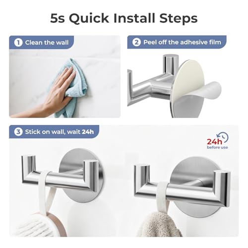 GWAAZXGZ 2 Pack Brushed Nickel Bathroom Hooks for Towels - Self Adhesive Double Hooks for Wall, No Drilling, Stainless Steel 304, Strong Hold for Robes, Coats, Shower Use - color: Silver