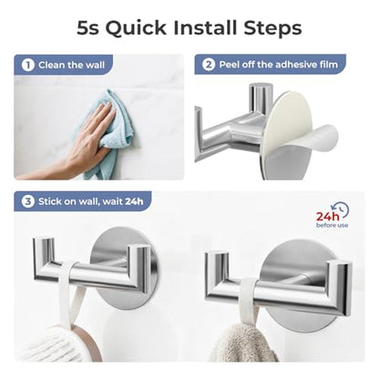 GWAAZXGZ 2 Pack Brushed Nickel Bathroom Hooks for Towels - Self Adhesive Double Hooks for Wall, No Drilling, Stainless Steel 304, Strong Hold for Robes, Coats, Shower Use - color: Silver