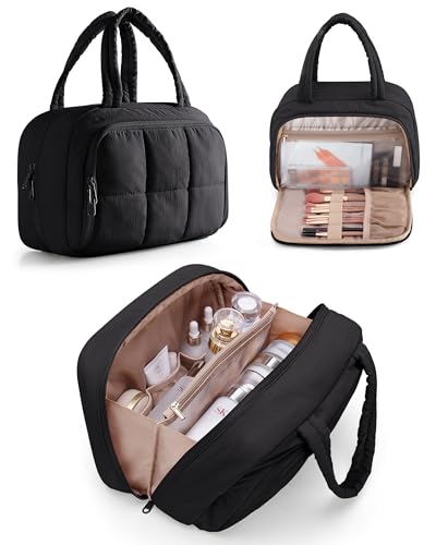 Marscamd Travel Makeup Bag for Women, Puffy Cosmetics & Toiletry Organizer with Leakproof Pockets for Travel-Size Shampoo, Conditioner, Brushes & Essentials - Medium Size, Black (Bag Only) - color: Black