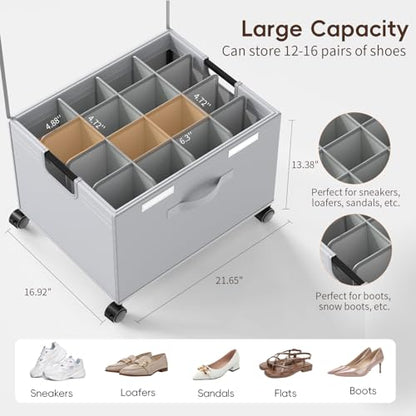 HOUSE AGAIN Shoe Organizer for Closet, Foldable Shoe Storage Organizer Box with Wheels and Adjustable Dividers, Sturdy Metal Frame Fits up to 16 Pairs, Large Shoes Storage with Clear Cover - size: 1 Pack