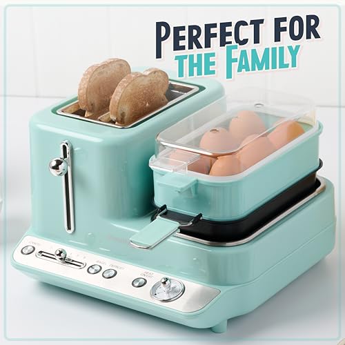 Nostalgia Classic Retro 3-in-1 Breakfast Station, 2-Wide Slot Toaster With Adjustable Toasting Control, Non-Stick Griddle, 6 Capacity Egg Cooker With Lid - color: Aqua, style: Classic