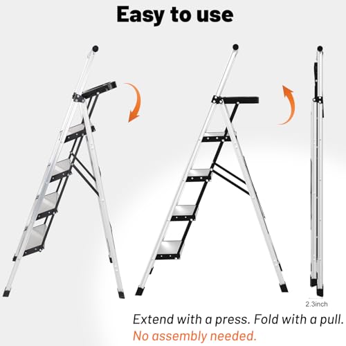 4 Step Ladder with Tool Tray - 600lbs Heavy Duty Lightweight Step Stool with Extended Handrails, Work Platform for Home Maintenance & DIY Projects - size: 4 steps with tray