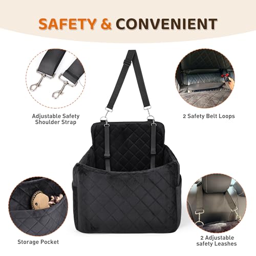 Dog Car Seat for S/M Dogs, Memory Foam Dog Booster Car Seat Up to 35lbs, Detachable Washable Pet Travel Bed with Side Pockets and 2 Safety Belts, Easy to Install (Black)
