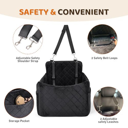 Dog Car Seat for S/M Dogs, Memory Foam Dog Booster Car Seat Up to 35lbs, Detachable Washable Pet Travel Bed with Side Pockets and 2 Safety Belts, Easy to Install (Black)