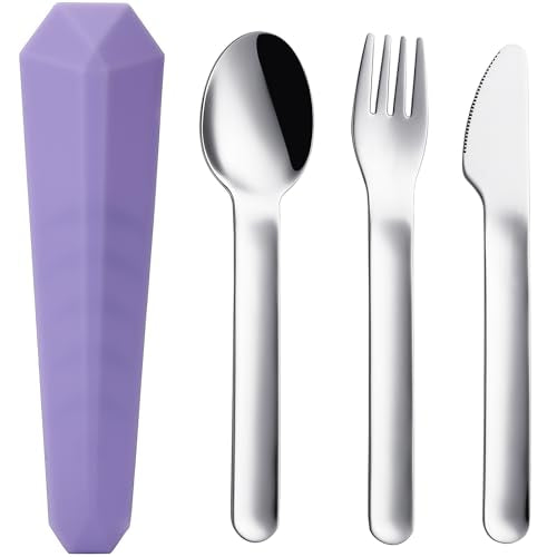 DEVICO Utensils for Lunch Box, 4Pcs Travel Silverware Set with Case, Purple | Portable Silicone Case, 18/8 Stainless Steel Fork Spoon Knife Set for Work School Picnic, Reusable Camping Cutlery for Kids - color: Purple