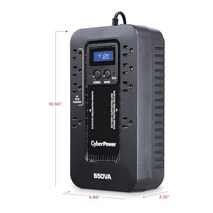 CyberPower EC650LCD Ecologic UPS Battery Backup and Surge Protector, 650VA/390W, 8 Outlets, ECO Mode, Compact, UL Certified - style: 650VA LCD