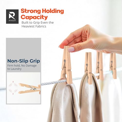 RIVEDA 50pcs Wooden Clothes Pins with Storage Bag, 2.9 Inch Natural Wood Clothespins, Strong Grip Laundry Clips for Clothesline, Hanging Clothes, Crafts & Home Use - color: Wood