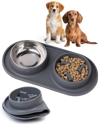 MalsiPree Puppy Slow Feeder & Water Bowl Set - 2-in-1, Gray | 2-in-1 silicone mat with 2 steel bowls - Use for puppies, slow feeding, adoption gifts & training
