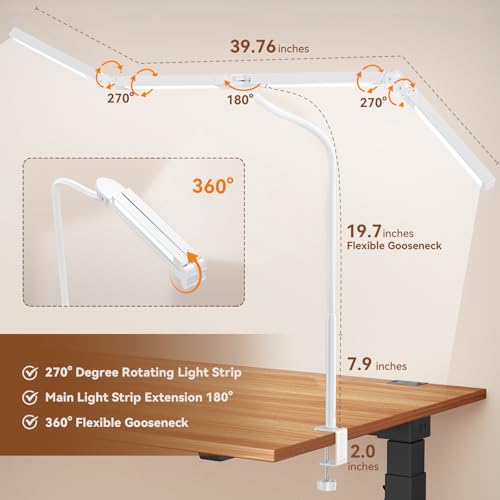 Pzloz Led Desk Lamp with Clamp: Architect Desk Lamp for Home Office, Eye Caring Double Head Computer Monitor Work Desk Light with Remote Control - 24W Flexible Dimmable Desktop Table Lamp White - color: White Plus