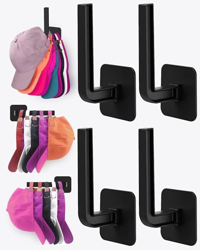 Hat Rack for Hat Storage (4-Pack), Multi-Purpose Hat Organizer, Strong Adhesive Hat Hooks for Wall Organizer for Baseball Caps, Two Mounting Options Hook, Black - color: Black, style: 4-pack