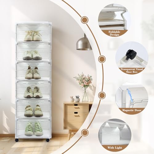 SAYMA LED Shoe Storage Box, Clear Shoe Storage Organizer with Magnetic Door, Stackable Plastic Shoe Cabinet with Wheels, Foldable Shoe Rack for Closet, Easy Assembly Shoe Cabinet for Entryway - size: 6 Tiers with Light