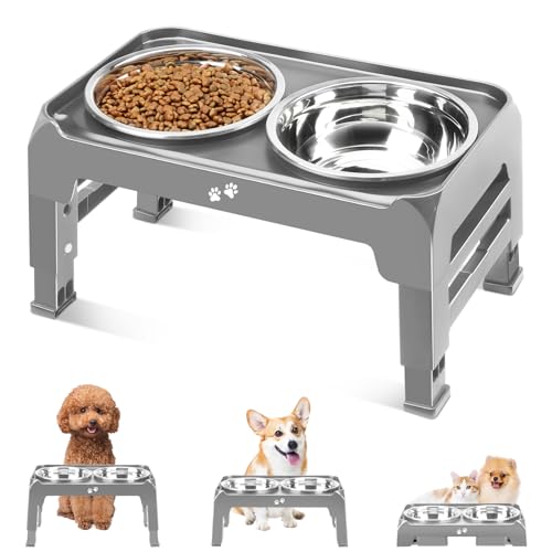 COMESOON Elevated Dog Bowls for Small Medium Dogs, 3 Height Adjustable Raised Stand with 2 Thick 6" Stainless Steel Food Bowls, Non-Slip Feeder Adjusts to 2.75", 6", 7.5", Grey - color: Grey, size: 6" for Small Dogs