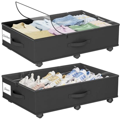 Under Bed Storage with Wheels, 2-Pack Under Bed Storage Containers with Clear Lid and Handles, Rolling Underbed Storage Drawers Organizer for Clothes,Shoes,Toys, Books (Black)