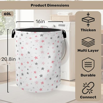 Cute Pink Stars Foldable Canvas Laundry Basket with Handles - Toy Organizer, Heavy Duty for Home，Bedroom, Dorm, Bathroom - color: Cute Pink Stars
