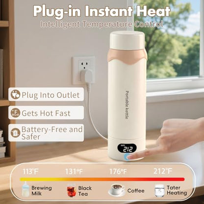 Insulated Stainless Steel Electric Kettle Small, Smart Water Bottle with 4 temperature control, Leak-Proof, Mini Travel Essentials Portable Office Gifts for Tea Lovers, Cream
