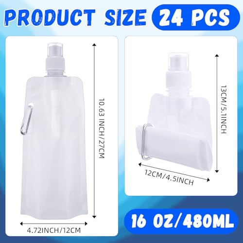 Teenyyou 24 Pack Collapsible Water Bottles Bulk 16oz Foldable Water Bottles with Carabiner Reusable Drinking Leak Proof Container Bags for Sport Biking Hiking Camping Travel Outdoor (White) - color: White