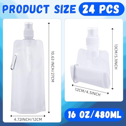 Teenyyou 24 Pack Collapsible Water Bottles Bulk 16oz Foldable Water Bottles with Carabiner Reusable Drinking Leak Proof Container Bags for Sport Biking Hiking Camping Travel Outdoor (White) - color: White