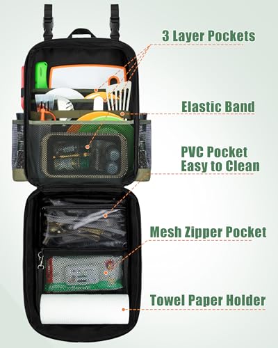 Marscamd Camp Kitchen Organizer Backpack with Paper Towel Holder, Hanging Camping Utensil Storage Bag with Multi Pockets for Camping Utensils, Barbecue Tool, Bag Only, Black