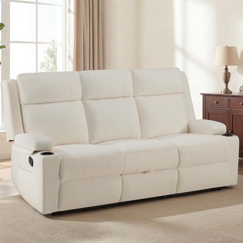 Manual Reclining Sofa, Space-Saving Reclining Couch with Convertible Table & Cup Holders & Storage Pockets, Compact 3-Seater Recliner Couch for Living Room, Home Theater & Apartment (Beige) - color: Beige, size: 3 Seat