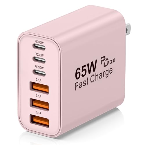65W USB C Charger Block,6-Port Multi Device Fast Charger PD QC Wall Adapter | GaN technology saves space and reduces heat,ideal for home,office,travel,wide compatibility for iphone and USBC devices（Pink - color: Pink