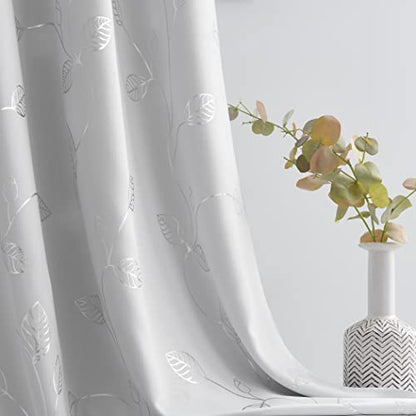 BUHUA Room Darkening Curtains 63 Inch Length, Window Treatments for Living Room Grommet Curtains with Silver Leaf Foil Design (52 x 63 Inch,Greyish White,Set of 2) - color: Silver Leaf /Greyish White, size: 52"W x 63"L (Pack of 2)