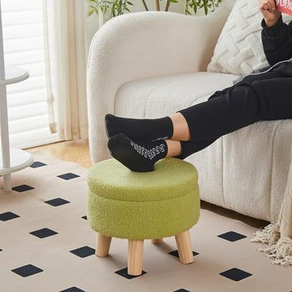 Wimarsbon Storage Ottoman, Modern Round Footrest with Soft Padded Seat, Teddy Velvet Footstool with Wood Legs, Accent Small Table or Plant Stand for Hallway, Living Room (Brilliant Green) - color: Brilliant Green