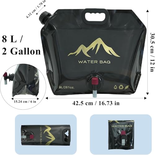 Collapsible Water Container 2 Pack 2 Gallon (8L Each), Foldable Water Storage Bags with Spigot, BPA Free Portable Water Tank for Camping, Emergency Supply, RV, Hiking (Black) - color: Black 2-Pack