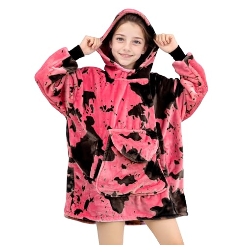 cow print Pink Wearable Blanket Hoodie 6-13 Year Old - Cozy Soft Fleece Flannel Hot Pink Hooded Sweatshirt Blanket, Christmas/Birthday Gifts for Teens Girls - color: Black Pink, size: Kids-M
