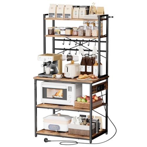 VEVOR Kitchen Bakers Rack with Power Outlets, 31.5 x 15.7 x 63.7Inch Microwave Stand with Built-in Power Strip & 5 Ft Cord, 12 S-Shaped Hooks, for Dish Storage, Spice Jars, Coffee Bar Organization - size: 31.5 x 15.7 x 63.7