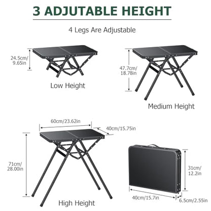 JiGiU Folding Table with Metal Mesh Desktop, Grill Table Camping Table with Carry Handle Adjustable Height (9.7", 28", 18.8"), 180lbs Weight Capacity Outdoor Table for Camp, Cooking, BBQ, RV, Picnic