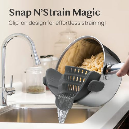 Kitchen Gizmo Snap N' Strain - Silicone Pasta Strainer Clip-On for Pots and Pans - Heat Resistant Colander for Vegetables and Noodles - Kitchen Gadgets for Cooking - Space-Saving Design - Gray - color: Gray