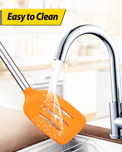 Pack of 2 Silicone Solid Turner, Non Stick Slotted Kitchen Spatulas, High Heat Resistant BPA Free Cooking Utensils, Ideal Cookware for Fish, Eggs, Pancakes (ORANGE) - color: Orange