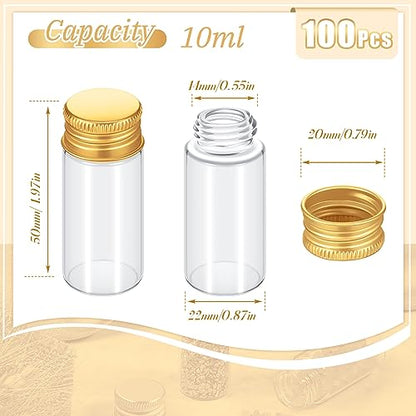 Didaey 100 Pcs Small Clear Vials Spice Mini Jars with Lids Mini Glass Bottles with Screw Aluminum Metal Caps Tiny Jars Sample Containers for Powder Cream Cosmetic Jewelry Wedding (10 ml,Gold Caps) - color: Gold Caps, size: 10 ml