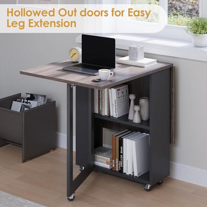 LotFun Folding Dining Table with 2 Storage Racks, Space Saving Dining Table with 6 Wheels, Kitchen Table for Small Spaces - color: Grayish Black + Gray Wood Grain