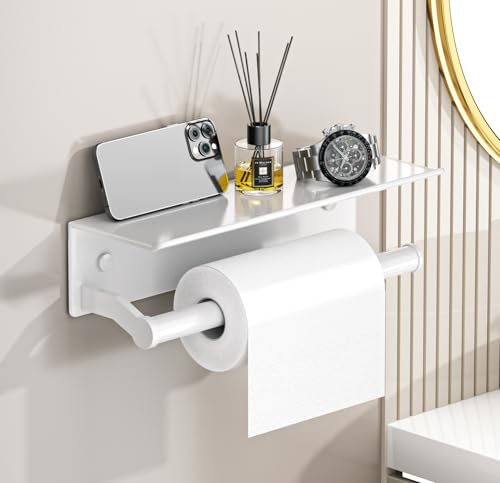 White Paper Towel Holder Wall Mount with Shelf for Bathroom, Matte White Adhesive Hand Towel Holder for Bathroom Kitchen RV - color: White General