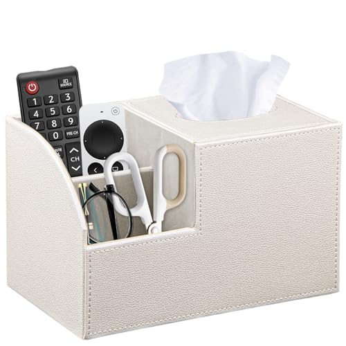 Square Tissue Box Cover with Storage, PU Leather Cube Tissue Box Holder, Remote Control Nightstand Organizer, Modern Desk Caddy for End Table, Bathroom, Bedroom, Home, Office Decor - color: White