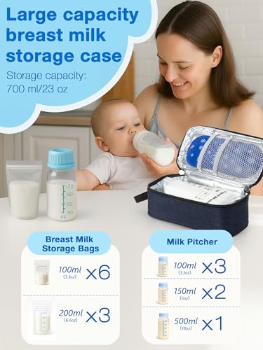 SUNMON Breast Milk Cooler Bag with Real-Time Temperature Display, Portable Travel Breastmilk Storage Case, Includes 2 Reusable Ice Packs, for Pumping Moms on The Go (Navy Blue) - color: Navy Blue
