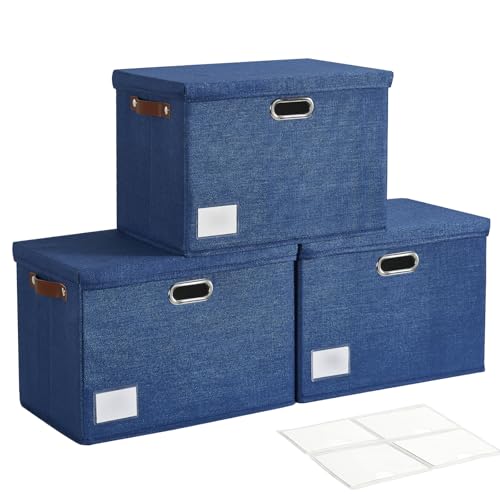 17" Large Collapsible Storage Bins with Lids, Stackable Closet Organizers with PU Handle and Labels, 3-Pack Decorative Fabric Storage Boxes for Home, Bedroom, Closet, Office, Nursery(Navy) - color: Navy, size: Large-17"