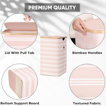 BALEINE Laundry Hamper with Lid, Tall Laundry Baskets with Bamboo Pull Handles, Large Laundry Bin with Internal Support (18 Gal/70L, Pink Pinstripe) - color: Pink Pinstripe, size: 70 liters