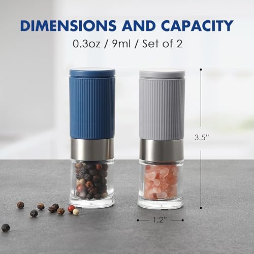 vzaahu Mini Salt and Pepper Grinder Set Blue and Gray with Bag and Funnel, Small Travel Portable Spice Tools, Adjustable Coarseness, Refillable, Ceramic Burrs Seasoning Mills for Cooking, BBQ, RV - color: blue and grey