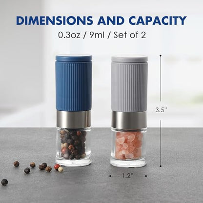 vzaahu Mini Salt and Pepper Grinder Set Blue and Gray with Bag and Funnel, Small Travel Portable Spice Tools, Adjustable Coarseness, Refillable, Ceramic Burrs Seasoning Mills for Cooking, BBQ, RV - color: blue and grey