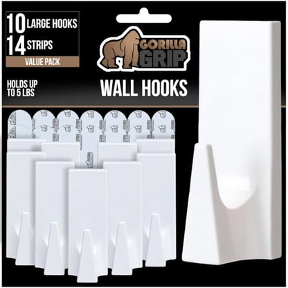 GORILLA GRIP Heavy Duty Reusable Wall Hooks for Hanging, 10 Pack and 14 Strips, Easy Install Stick on Removable Adhesive Hook, No Nail Damage, Multisurface Use for Christmas Decorations, Plastic - size: 10 Pack (14 Strips)