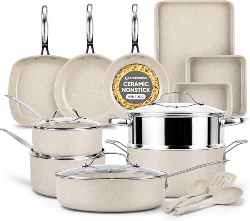 Granitestone Ceraluxe 20 Pc Ceramic Cookware Set Nonstick, Complete Pots and Pans Set Non Stick for Kitchen with Bakeware, Utensils & Steamer, Non Toxic Made Without PFOA PFOS, Oven & Dishwasher Safe - color: Cream