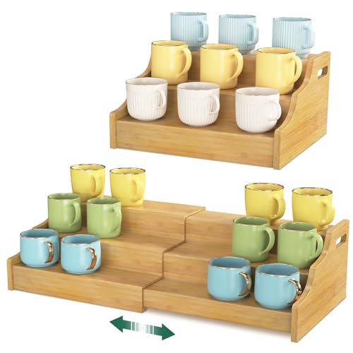 EsLuker.ly Coffee Mug Cup Holder Rack for Cabinets Countertop, 3 Tier Expandable Mug Storage Organizer Bamboo Coffee Bar Station Display Stand Shelf for Kitchen Countertop, No Assembly, More Space - color: Triple Tier Bamboo