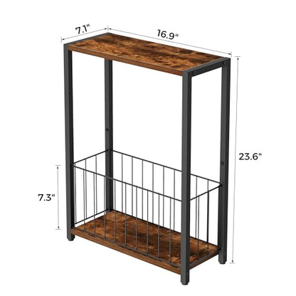 Homleke Narrow Side Tables Set of 2 with Magazine Holder, Skinny End Tables Perfect for Small Spaces, Space-Saving Design for Living Room, Bedroom, or Office, 7.1" D x 16.9" W x 23.6" H, Rustic Brown - color: Rustic Brown - Standard