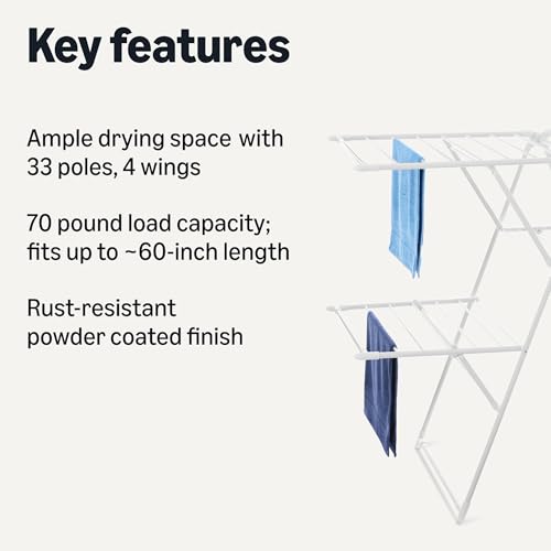 Amazon Basics Foldable Space-Saving 4-Wing Metal Clothes Drying Rack, 61x23.6x49.6 inches, White - size: 61x23.6x49.6 inches
