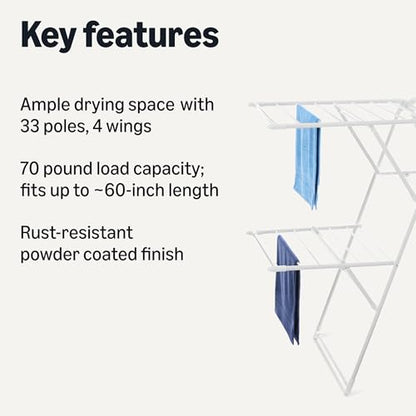 Amazon Basics Foldable Space-Saving 4-Wing Metal Clothes Drying Rack, 61x23.6x49.6 inches, White - size: 61x23.6x49.6 inches