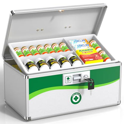 Medicine Lock Box with Keys, Small 16x9.25x7.5in, Aluminum Child-Safe Lock | Child-safe key lock, sturdy aluminum frame, anti-slip base, removable ABS tray, rust-proof handle, reinforced edges - size: X-Large-16inch