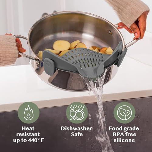 Kitchen Gizmo Snap N' Strain - Silicone Pasta Strainer Clip-On for Pots and Pans - Heat Resistant Colander for Vegetables and Noodles - Kitchen Gadgets for Cooking - Space-Saving Design - Gray - color: Gray